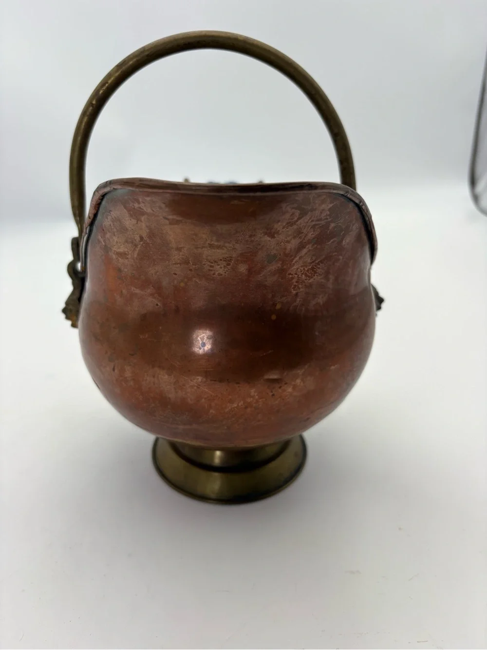 Vintage Copper Coal Scuttle with Brass and Blue and White Porcelain Handle